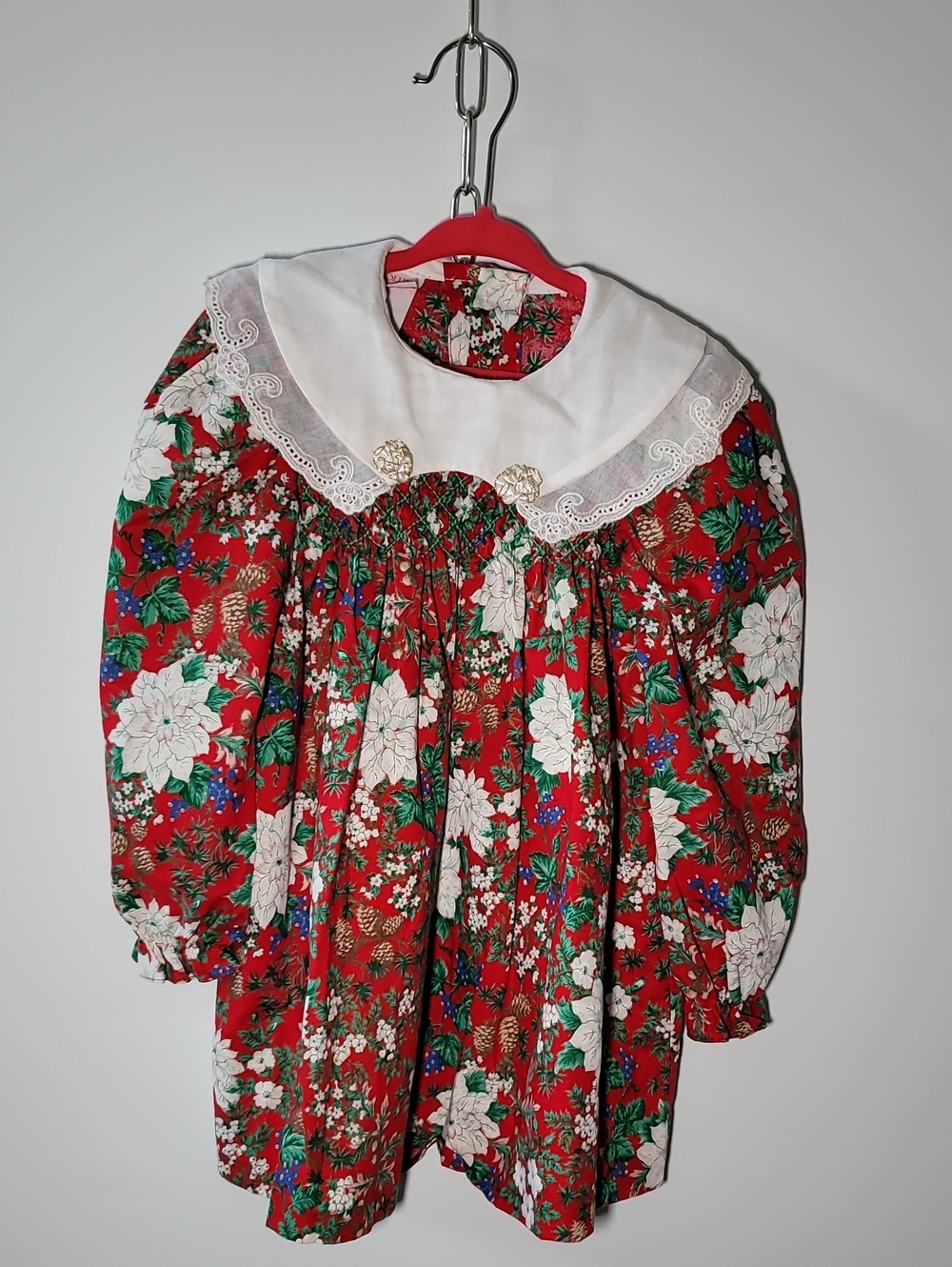 Girls' Red Floral Holiday Dress with White Lace Collar